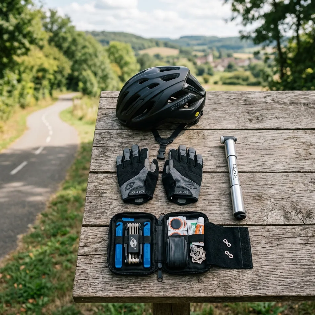 Flat lay layout of essential cycling safety and maintenance gear: helmet, gloves, tire pump, and repair kit on a wooden surface outdoors