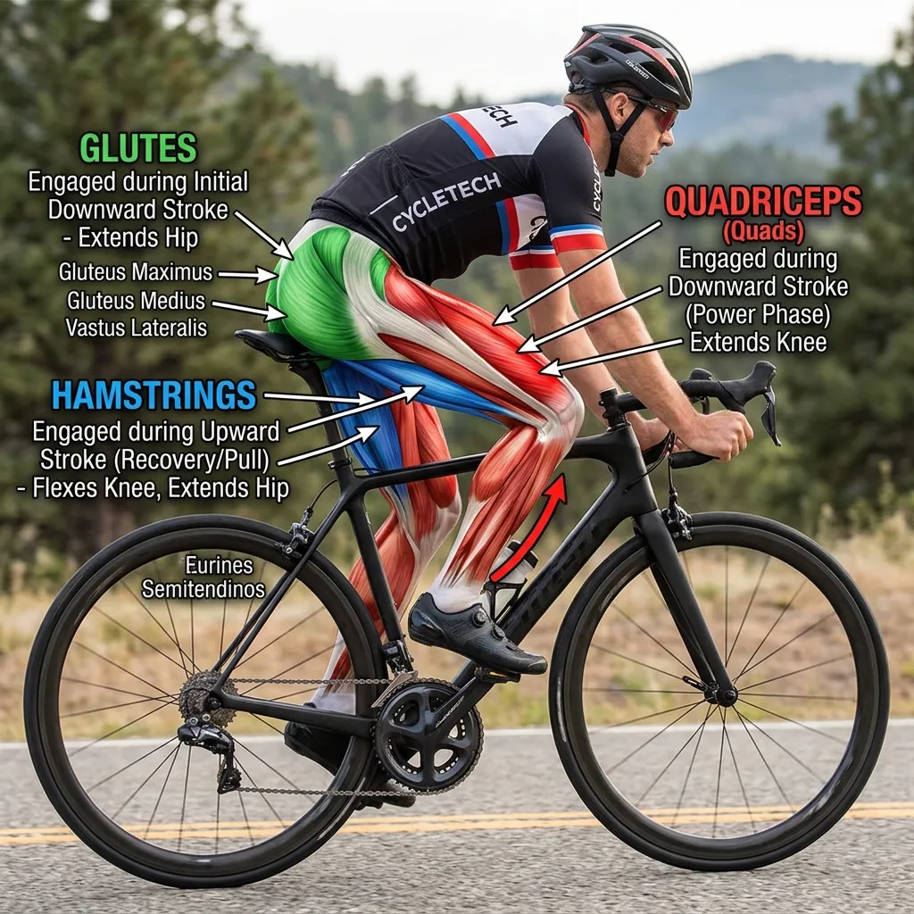 Anatomical diagram demonstrating the primary muscle groups engaged during cycling: quadriceps, hamstrings, and gluteal muscles