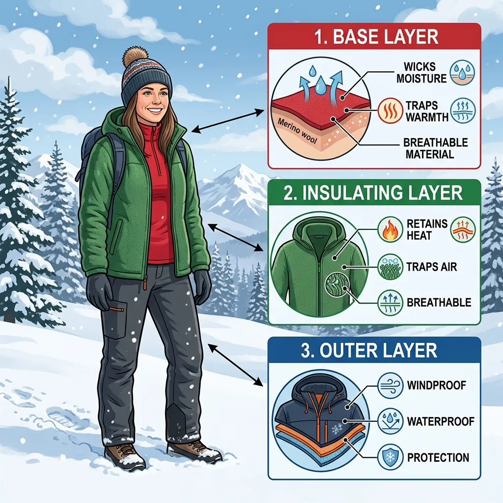 Diagram illustrating the three layers of winter clothing: base layer, insulating layer, and outer layer on a person in the snow