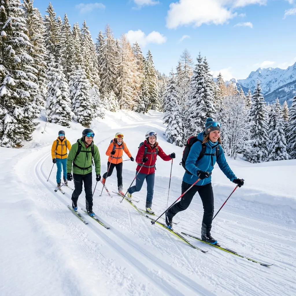 People enjoying invigorating outdoor winter activities like skiing and snowshoeing in a beautiful natural setting.