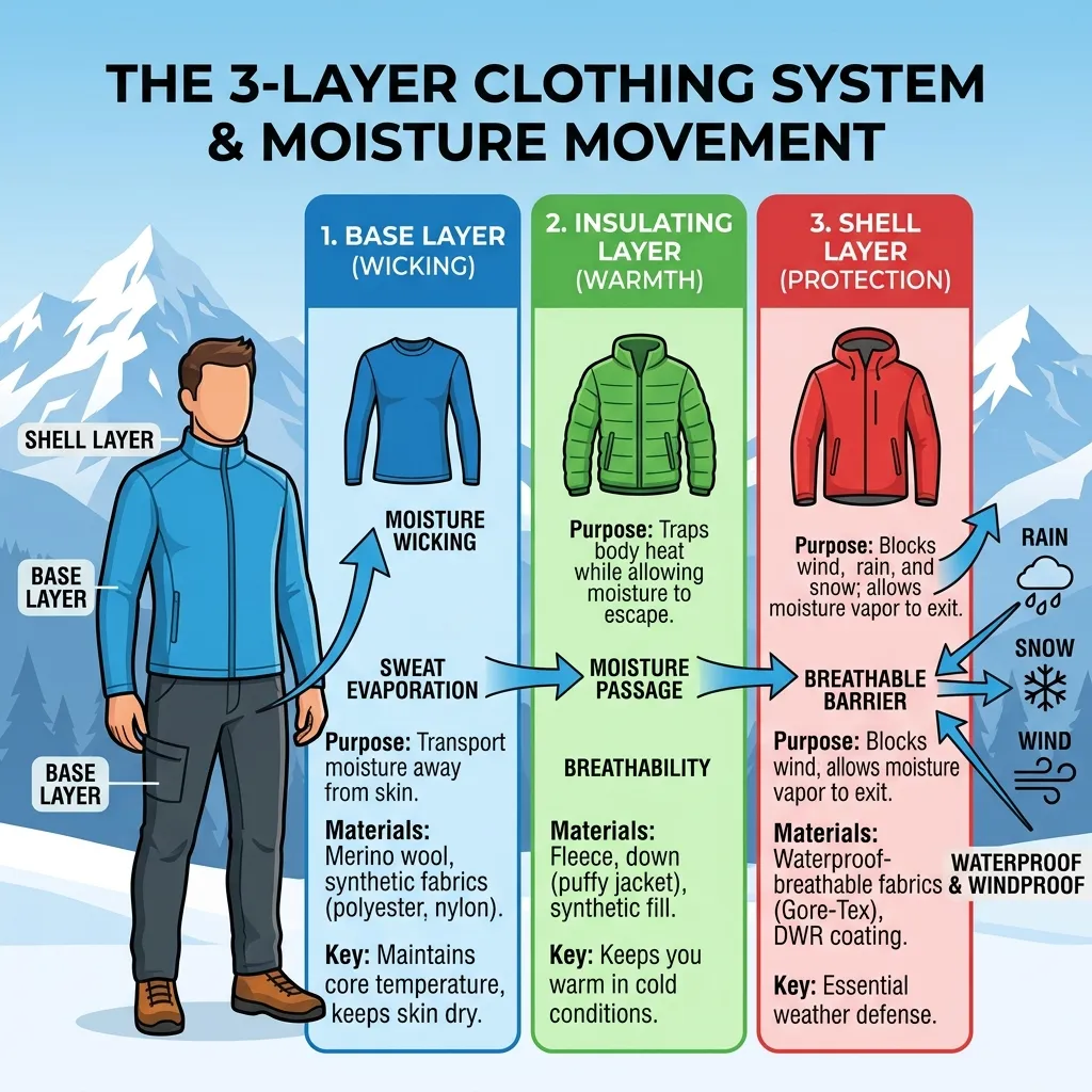 Infographic explaining the 3-layer clothing system and moisture movement/breathability