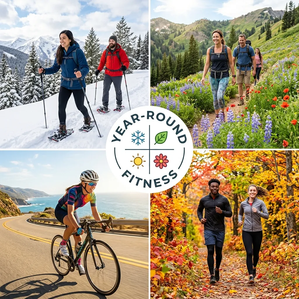 People engaging in various outdoor fitness activities throughout the four seasons.