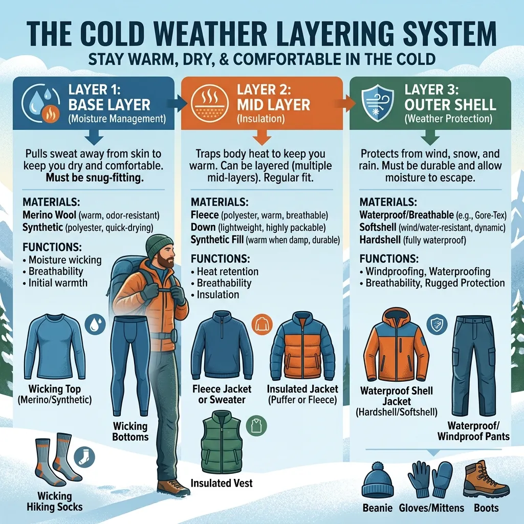 Infographic showing the proper cold weather layering system detailing base layer, mid layer, outer shell, and corresponding garments