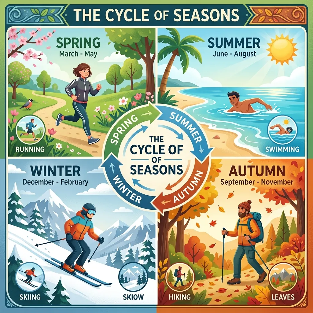 Seasonal cycle diagram showing Spring, Summer, Autumn, and Winter with outdoor fitness activities like running, swimming, hiking, and skiing in each quadrant
