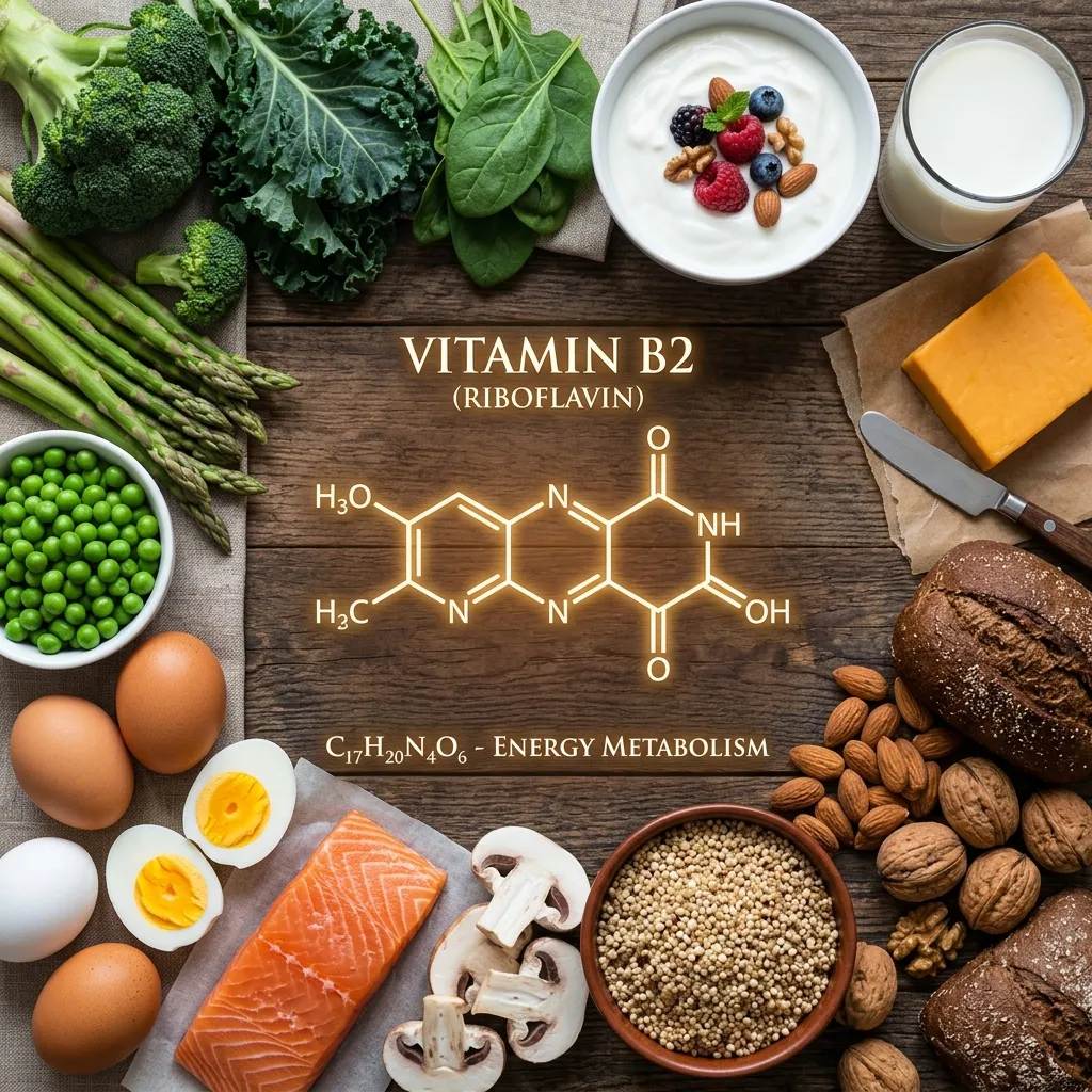 Diverse foods like dairy and greens illustrating Riboflavin's role in human nutrition.