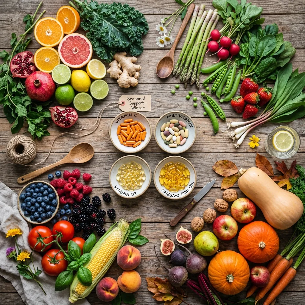 Seasonal vitamins and fresh produce illustrating year-round nutrition.