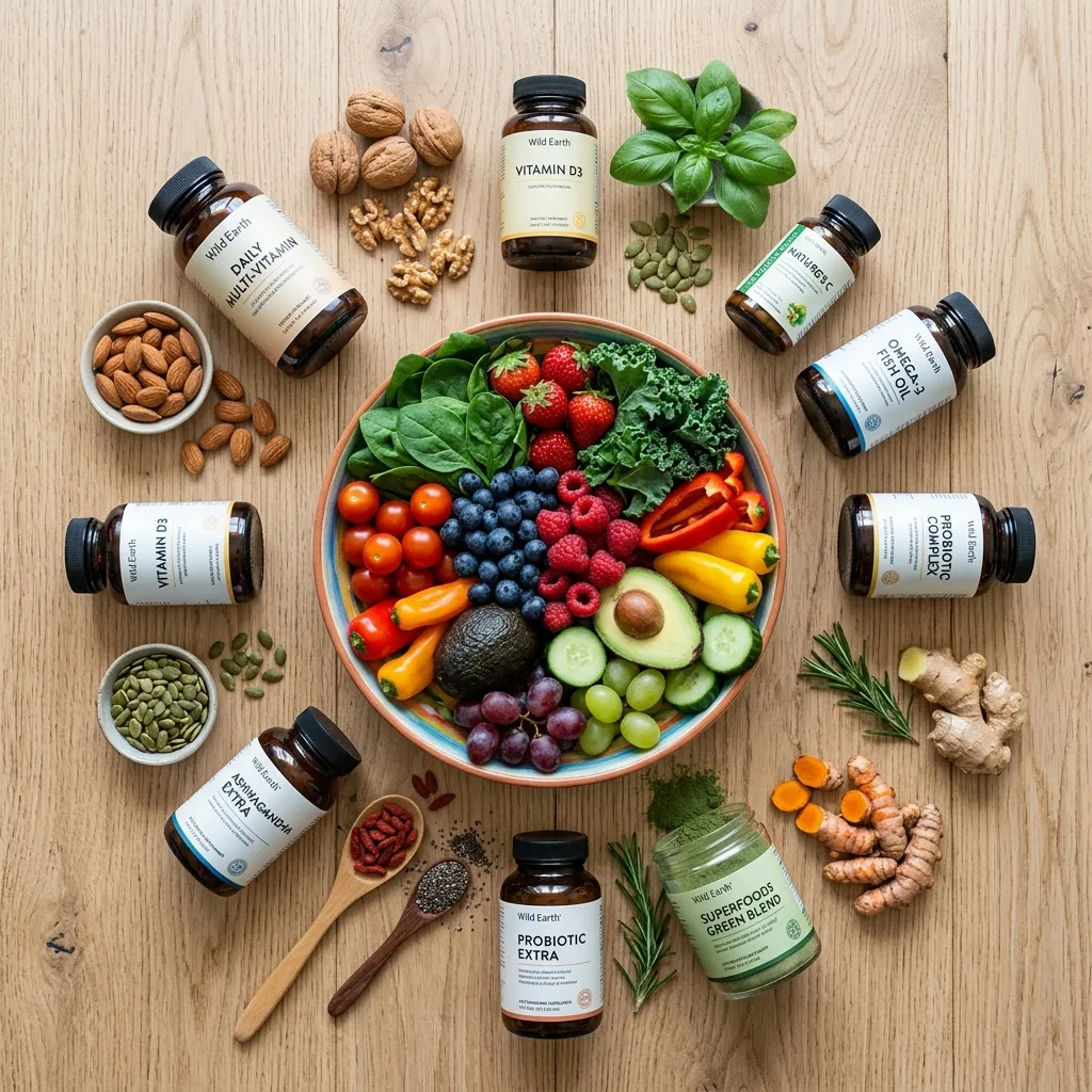 Assortment of vitamins and healthy foods illustrating nutritional supplementation.