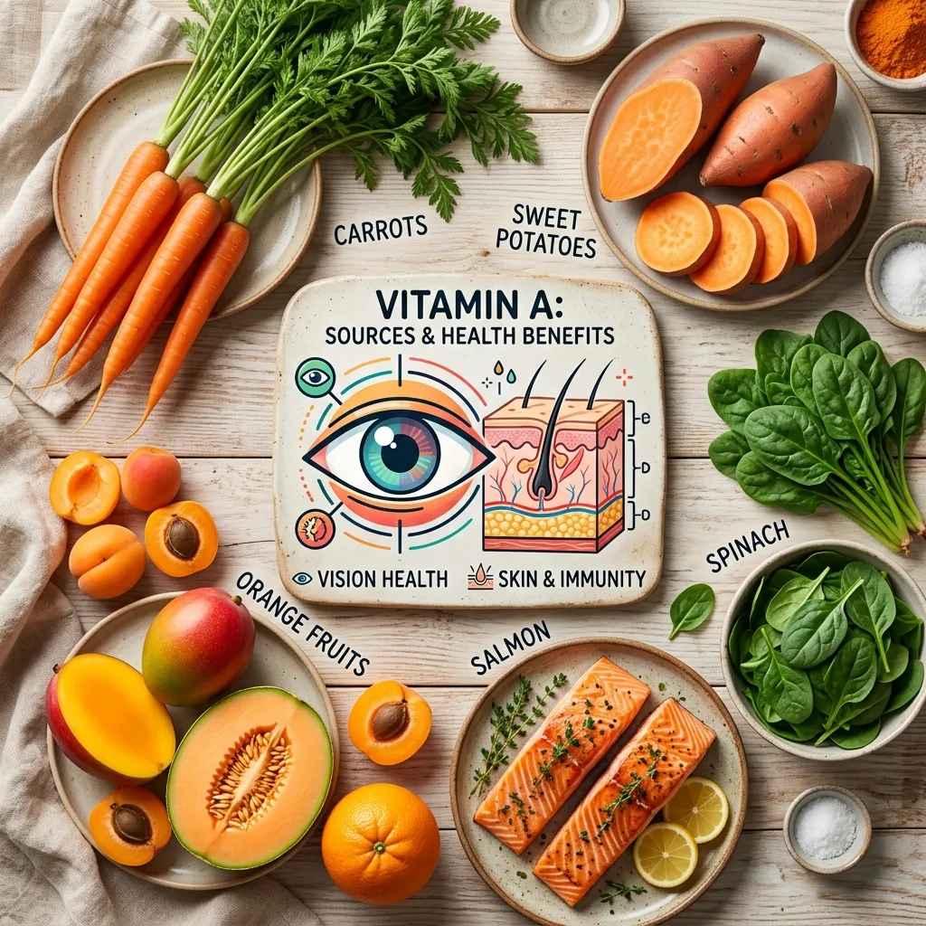 Diverse food sources illustrating the benefits of Vitamin A for vision and skin.