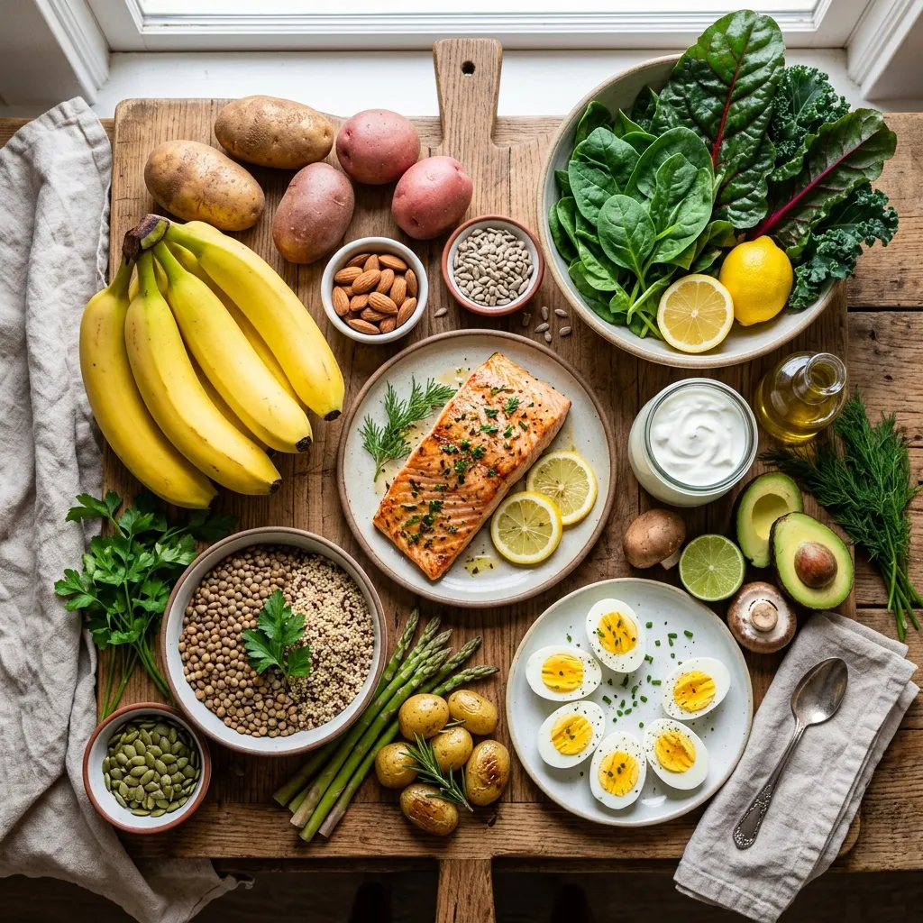 Diverse food sources of Vitamin B6 including fish, bananas, and green vegetables.