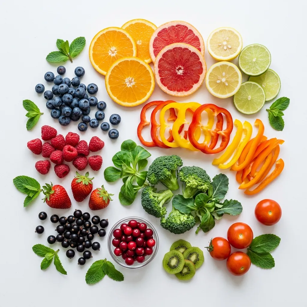 Fresh assortment of vitamin C rich fruits and vegetables.