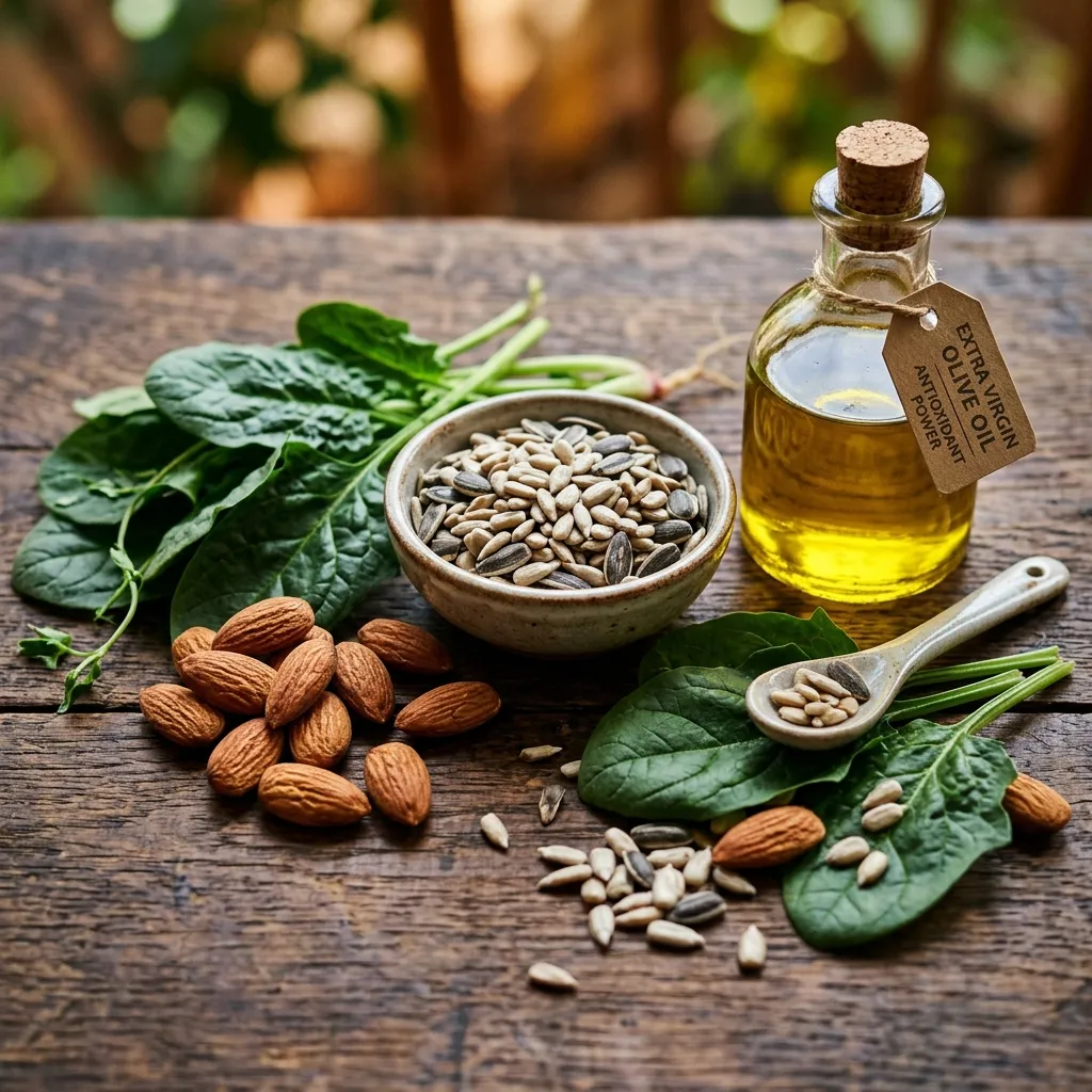 Colorful arrangement of Vitamin E-rich foods like nuts, oils, and greens.
