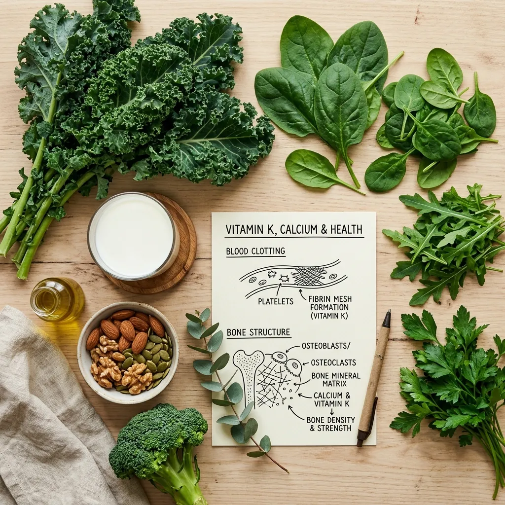Vitamin K sources including greens and dairy for strong bones and healthy blood.