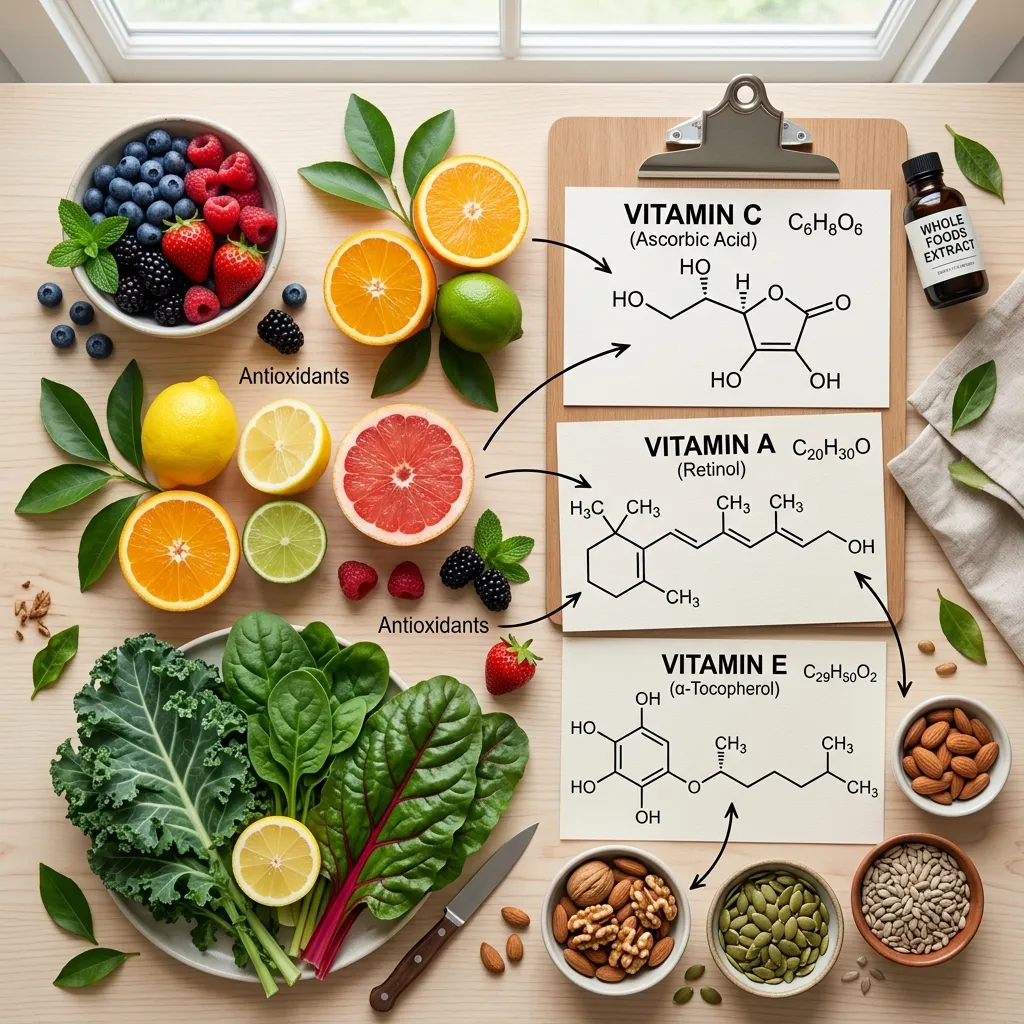 Diverse whole foods illustrating the source of essential vitamins.