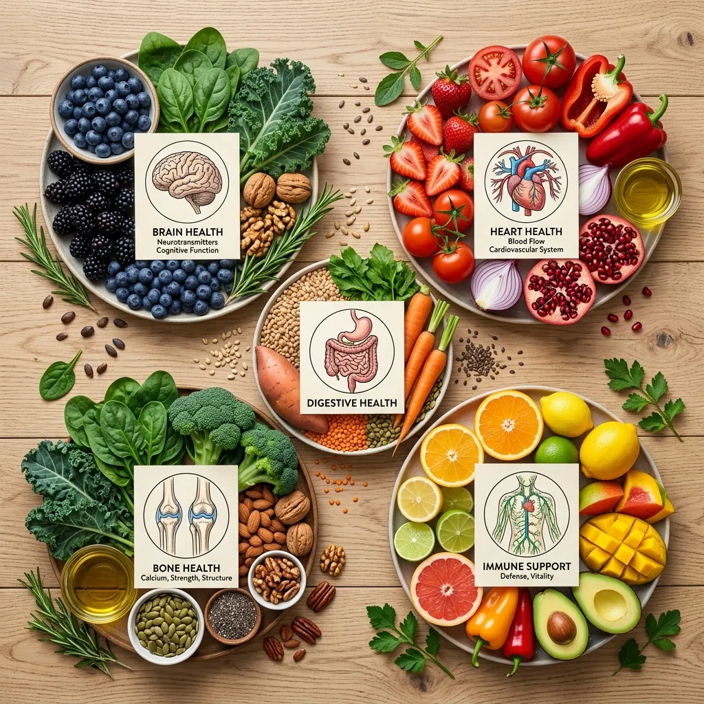 Colorful array of nutrient-rich foods demonstrating vitamin sources for optimal health.