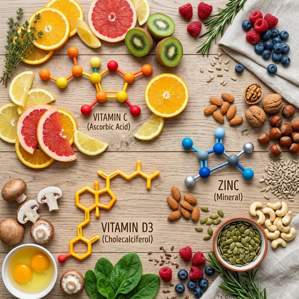 Essential vitamins (C, D, Zinc) supporting a strong immune system.