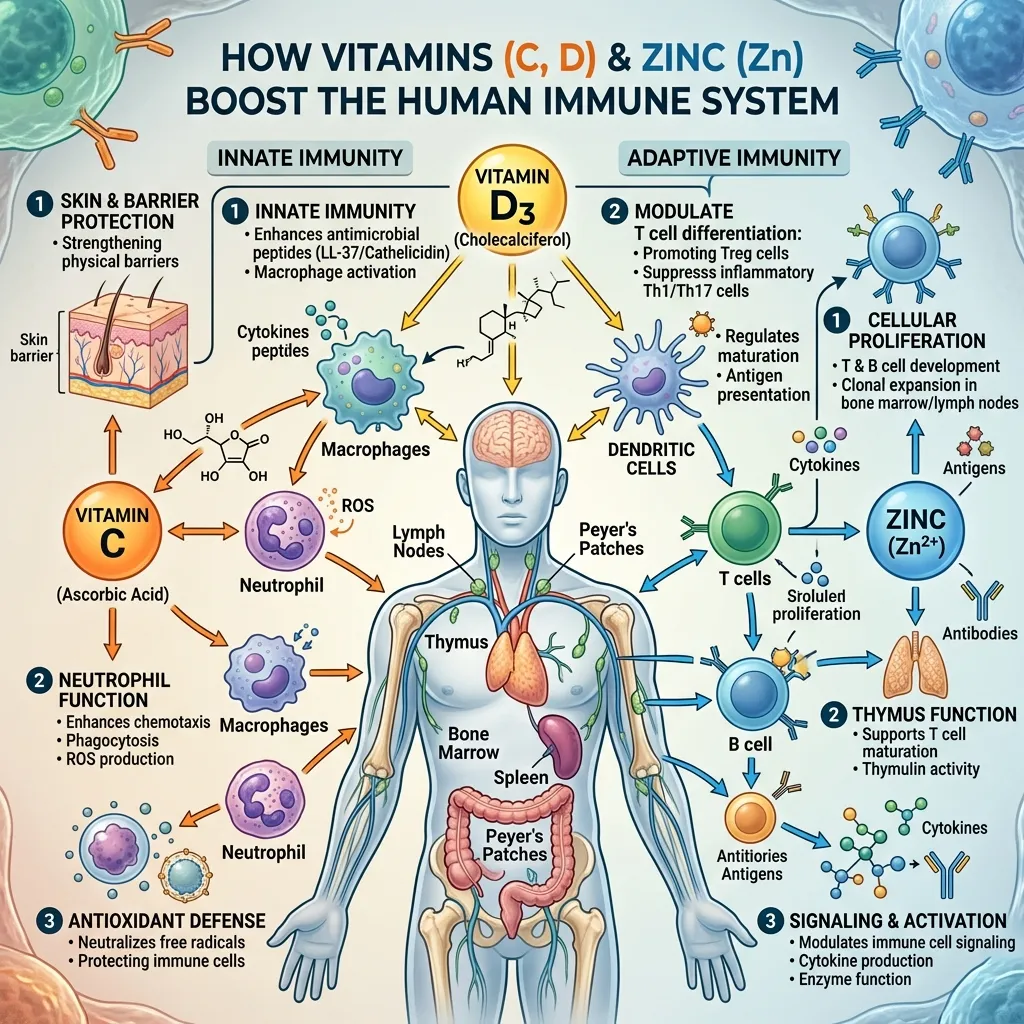 Human immune system interactions with Vitamin C, D, and Zinc