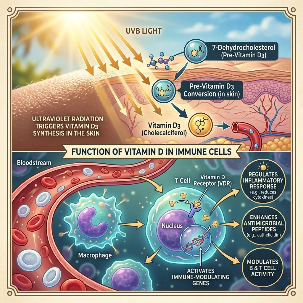 Sunlight absorption and Vitamin D function in immune cells
