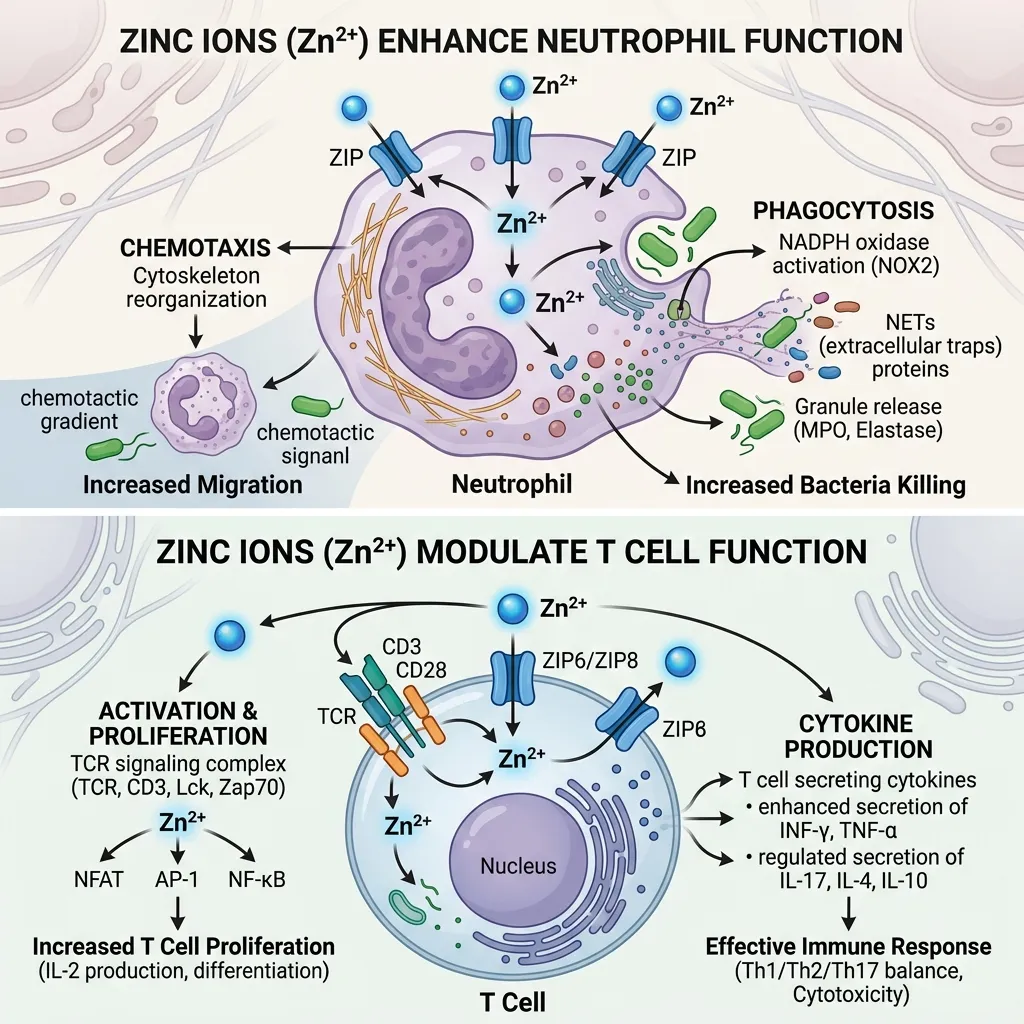 Zinc ions interacting with neutrophils and T cells