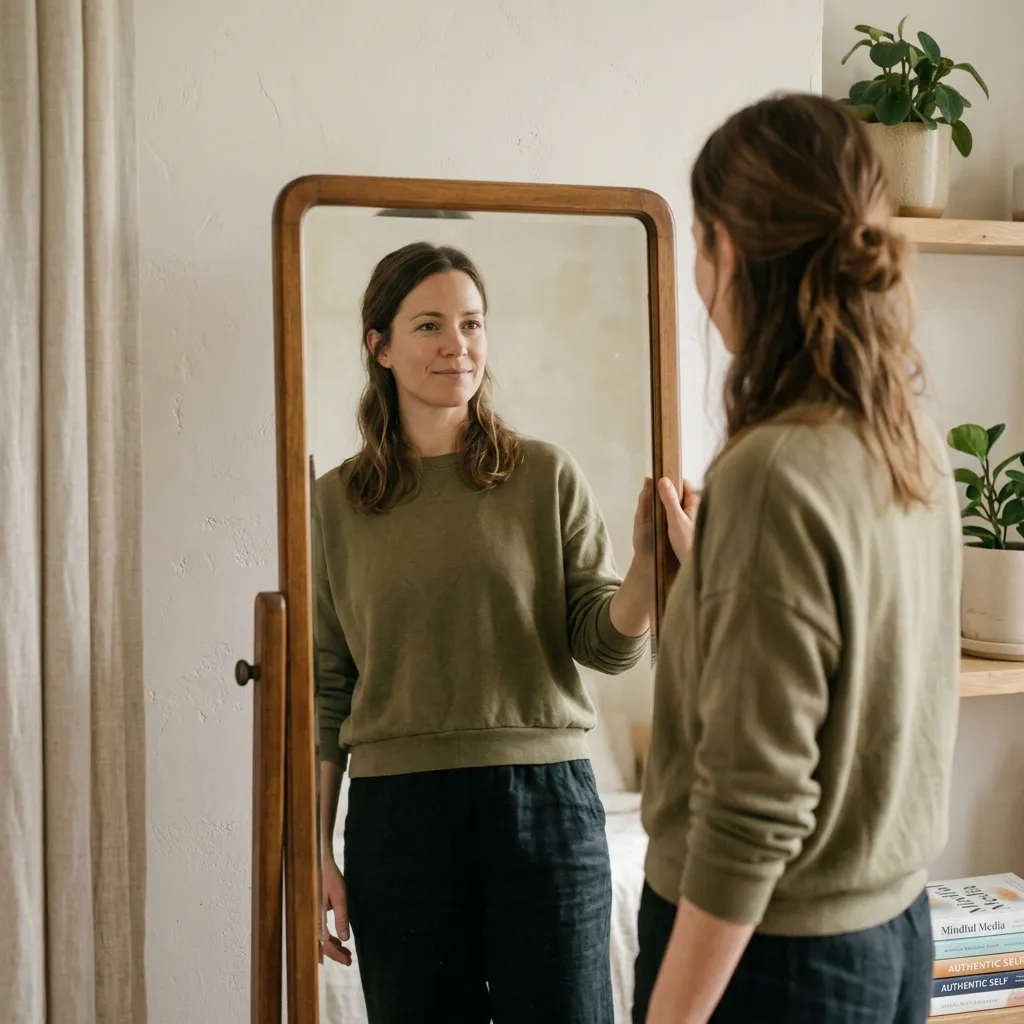 Person practicing healthy body image and self-acceptance in a calm, peaceful setting
