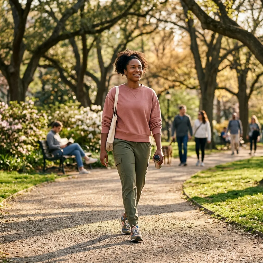 Confident person walking outdoors in natural light representing self-acceptance and sustainable wellness