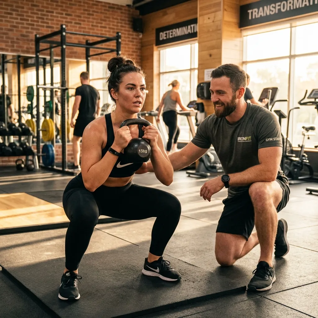 A person working with a personal trainer in a gym