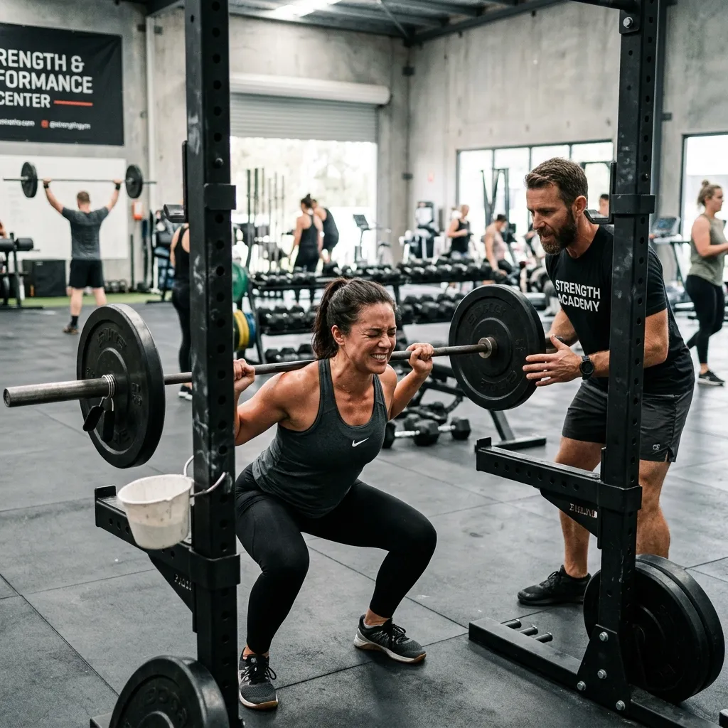 A person squatting with a personal trainer
