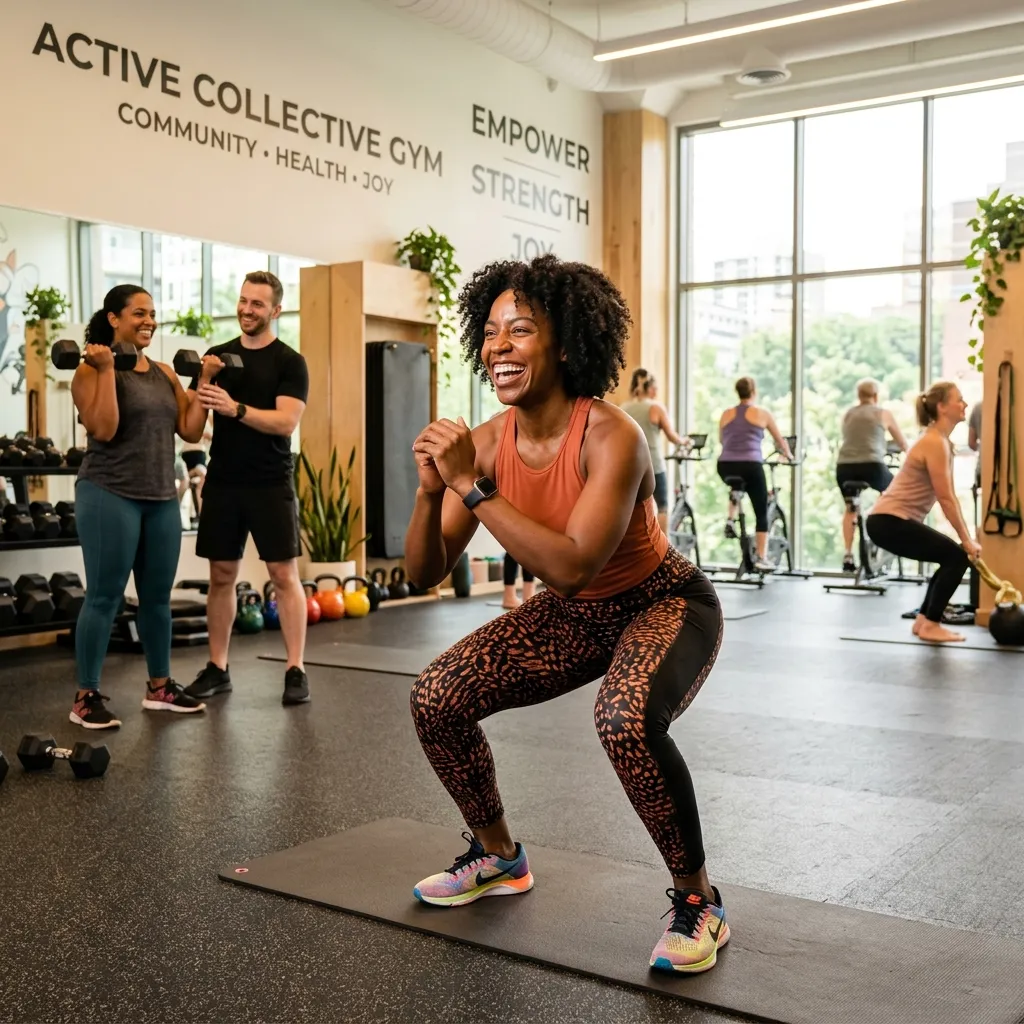 Joyful person exercising in a bright modern gym representing inclusive, positive wellness