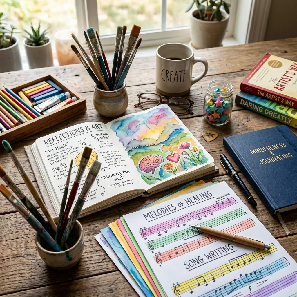 Diverse artistic tools representing creativity for wellness.