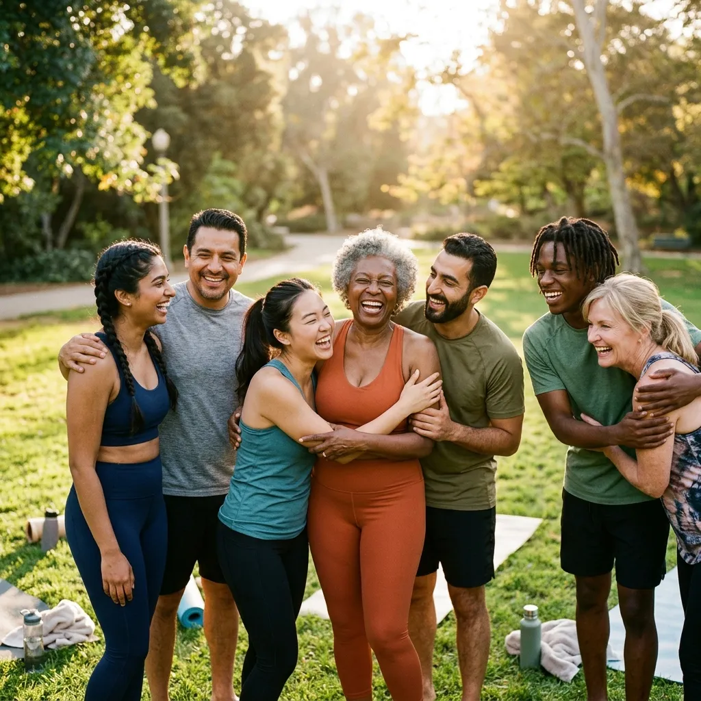 Diverse group of friends connecting and sharing support for wellness.