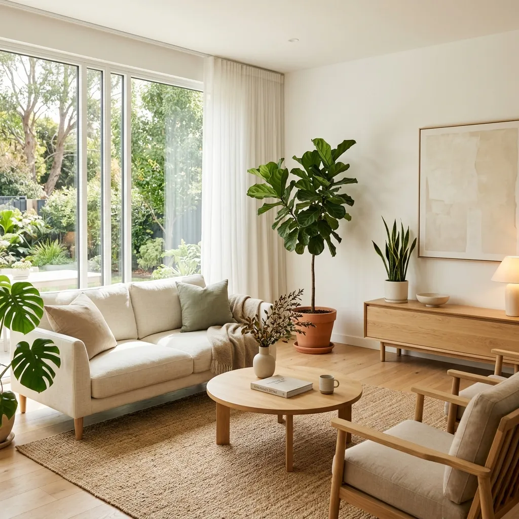 Bright, naturally lit living room designed for wellness and tranquility.