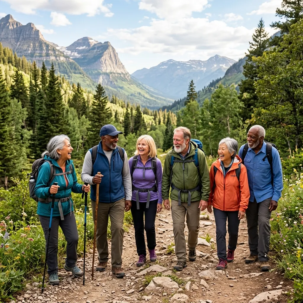 Diverse group of active seniors enjoying life together outdoors.