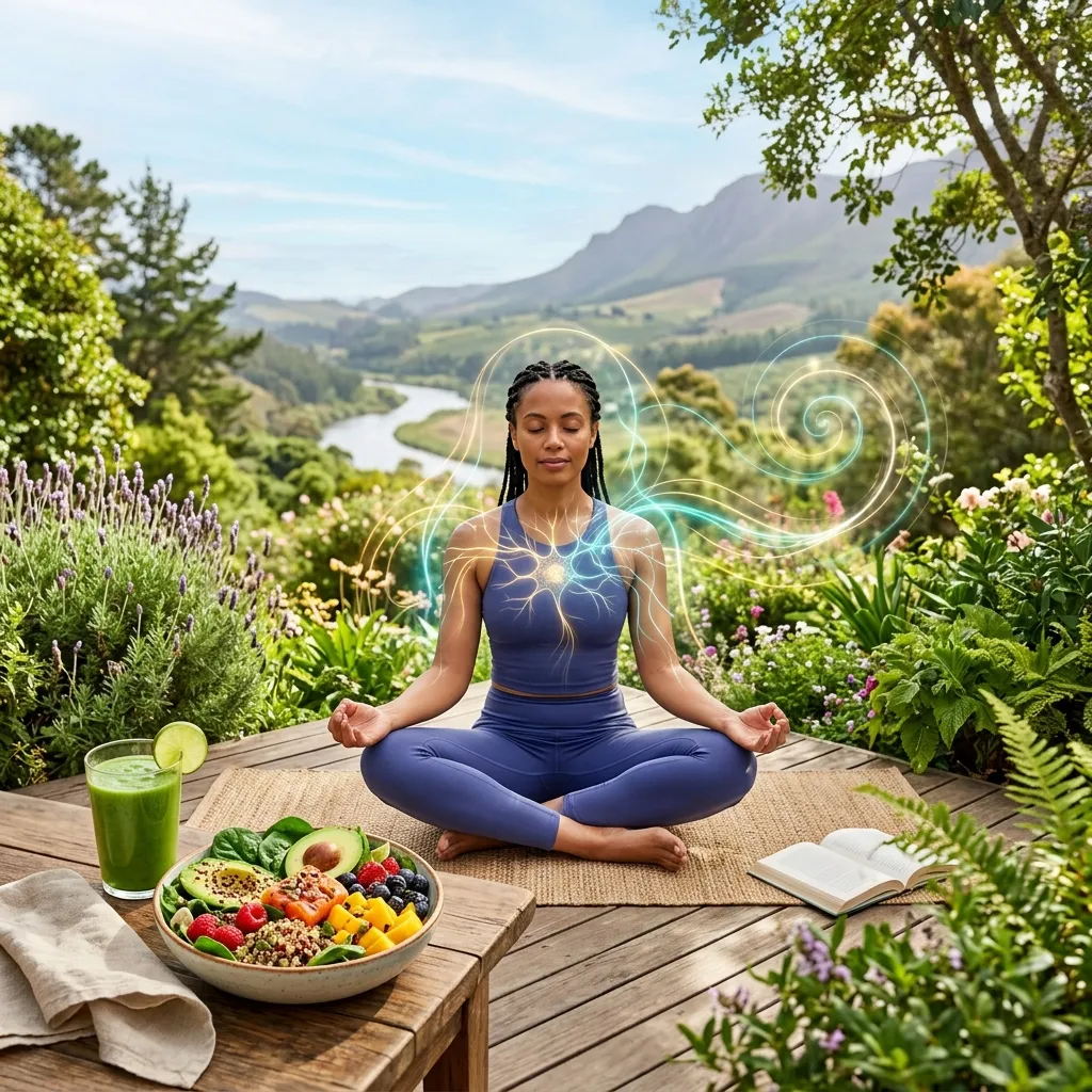 Diverse representation of holistic health including nature, meditation, and nutrition.