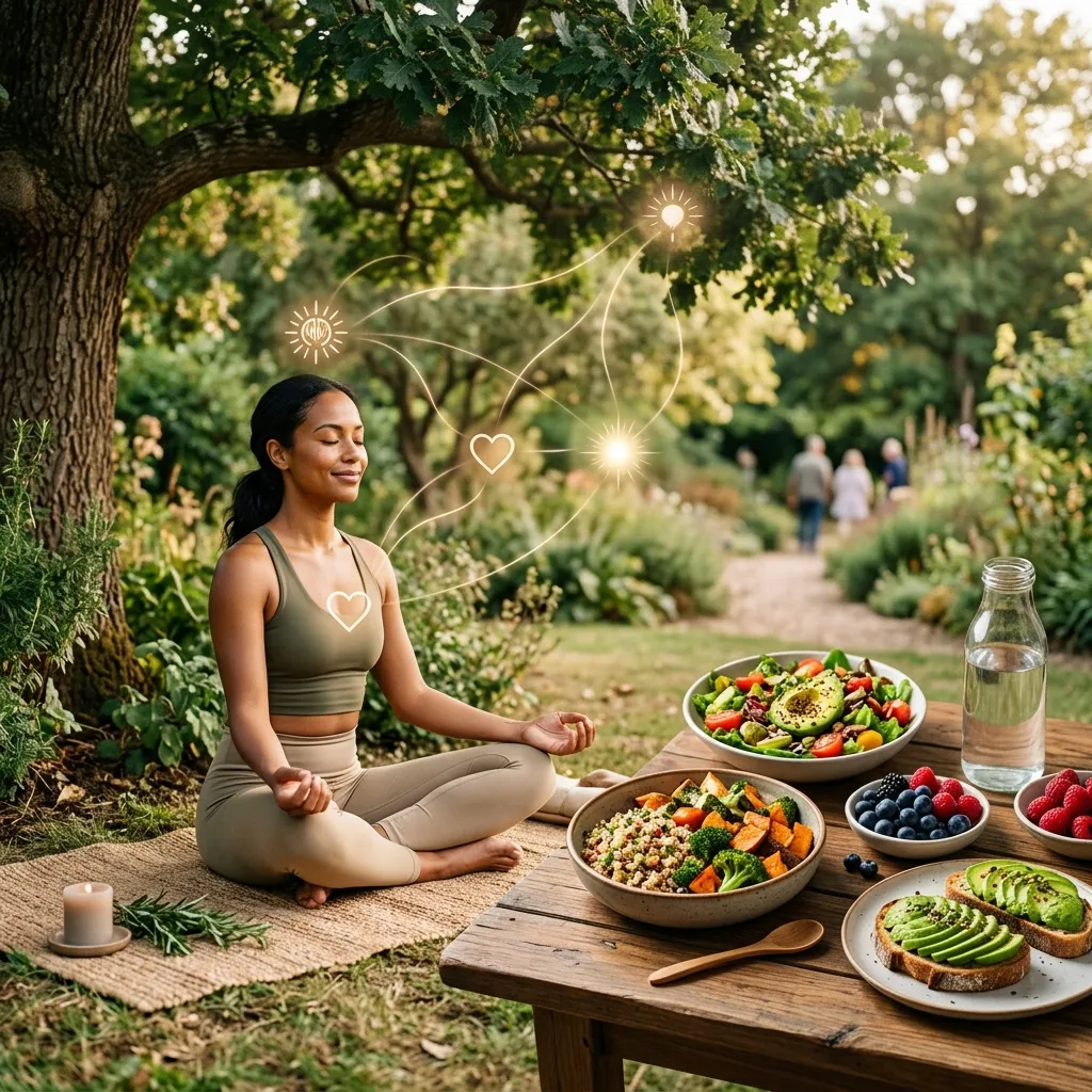 Diverse elements representing holistic health, including nature, meditation, and nutrition.