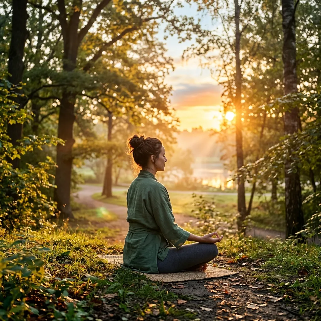 Person meditating in nature to reduce stress.