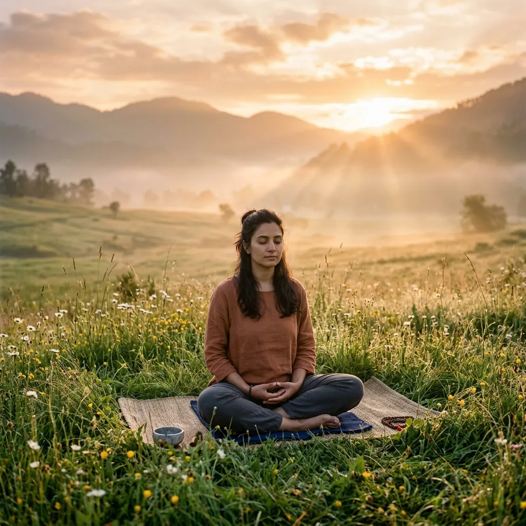 Person meditating peacefully during sunrise to symbolize mindfulness.