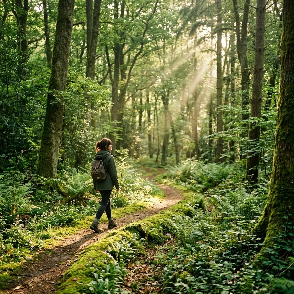 Person enjoying mindful time in a green forest environment.