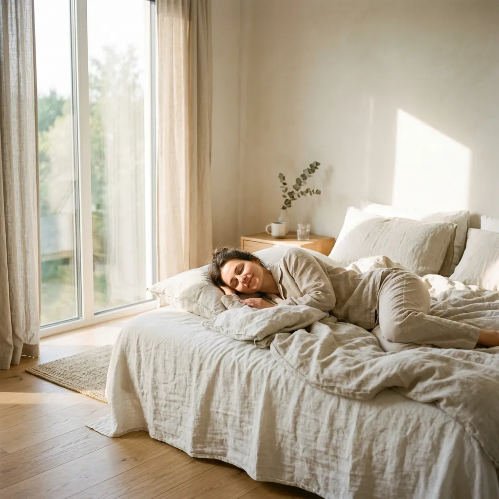 Person waking up in a peaceful, well-lit bedroom.