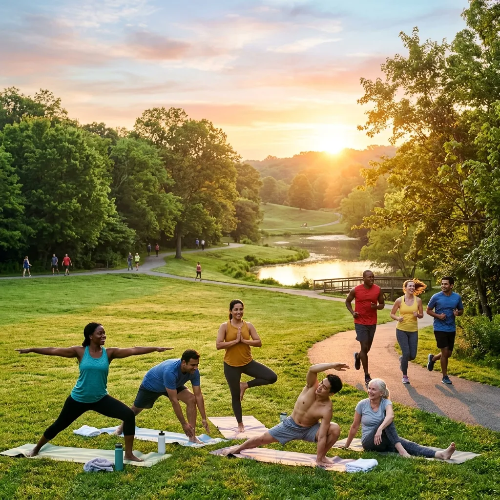 Diverse individuals enjoying varied forms of exercise in nature.