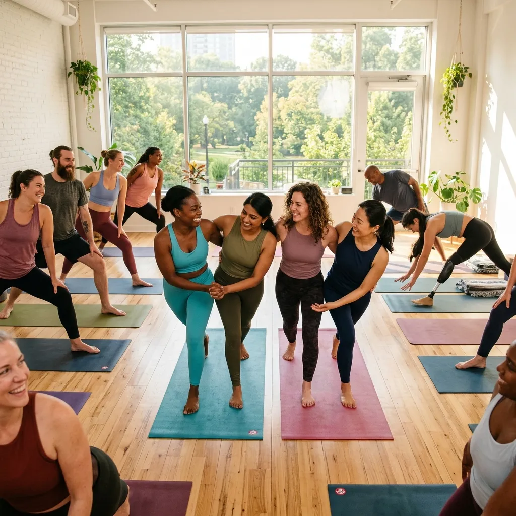 Diverse group of students practicing yoga poses in a well-lit studio.