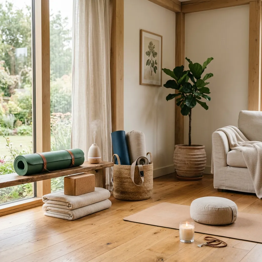 Peaceful home corner set up for daily yoga and meditation practice.