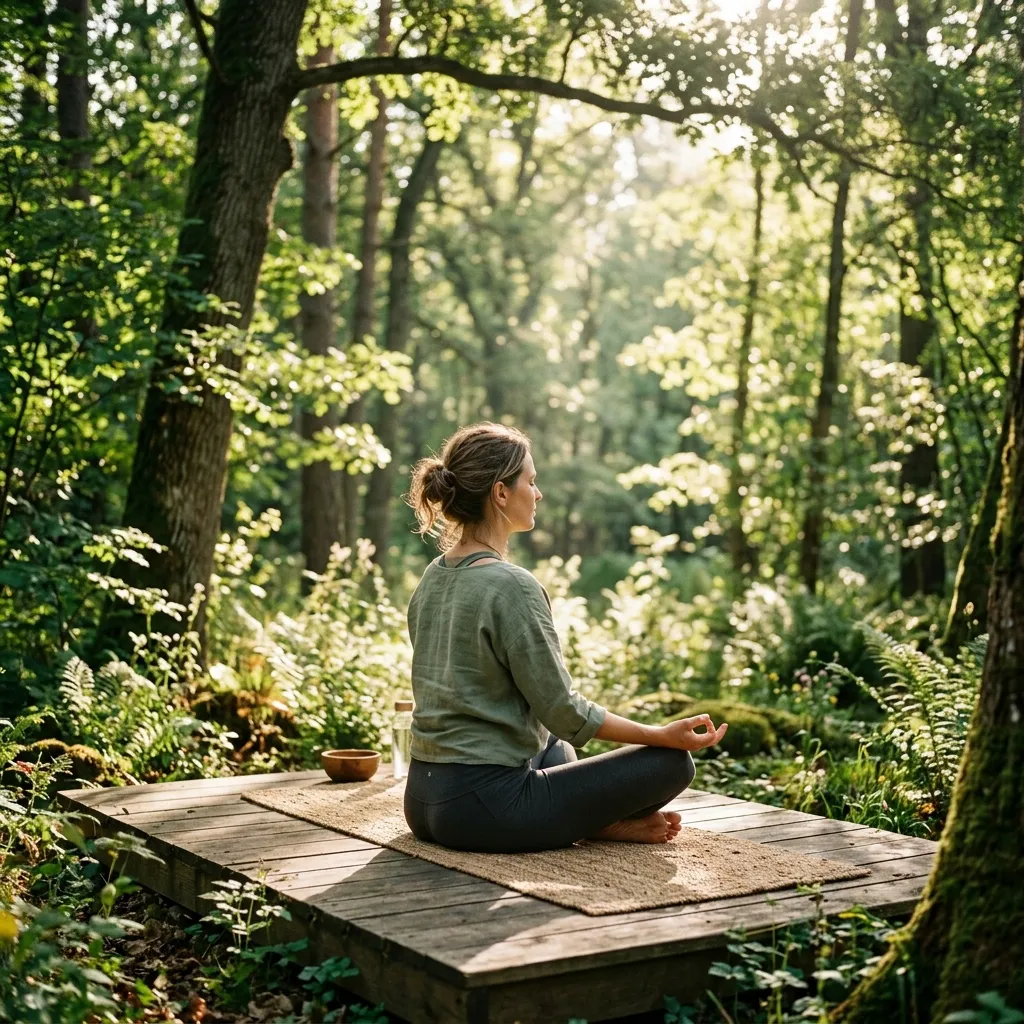 Person practicing mindful yoga outdoors at sunrise.