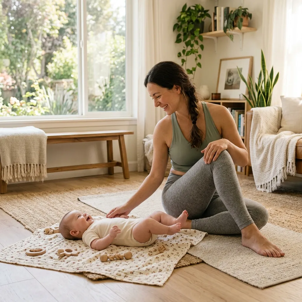 Mother and baby performing gentle postnatal yoga stretches together.