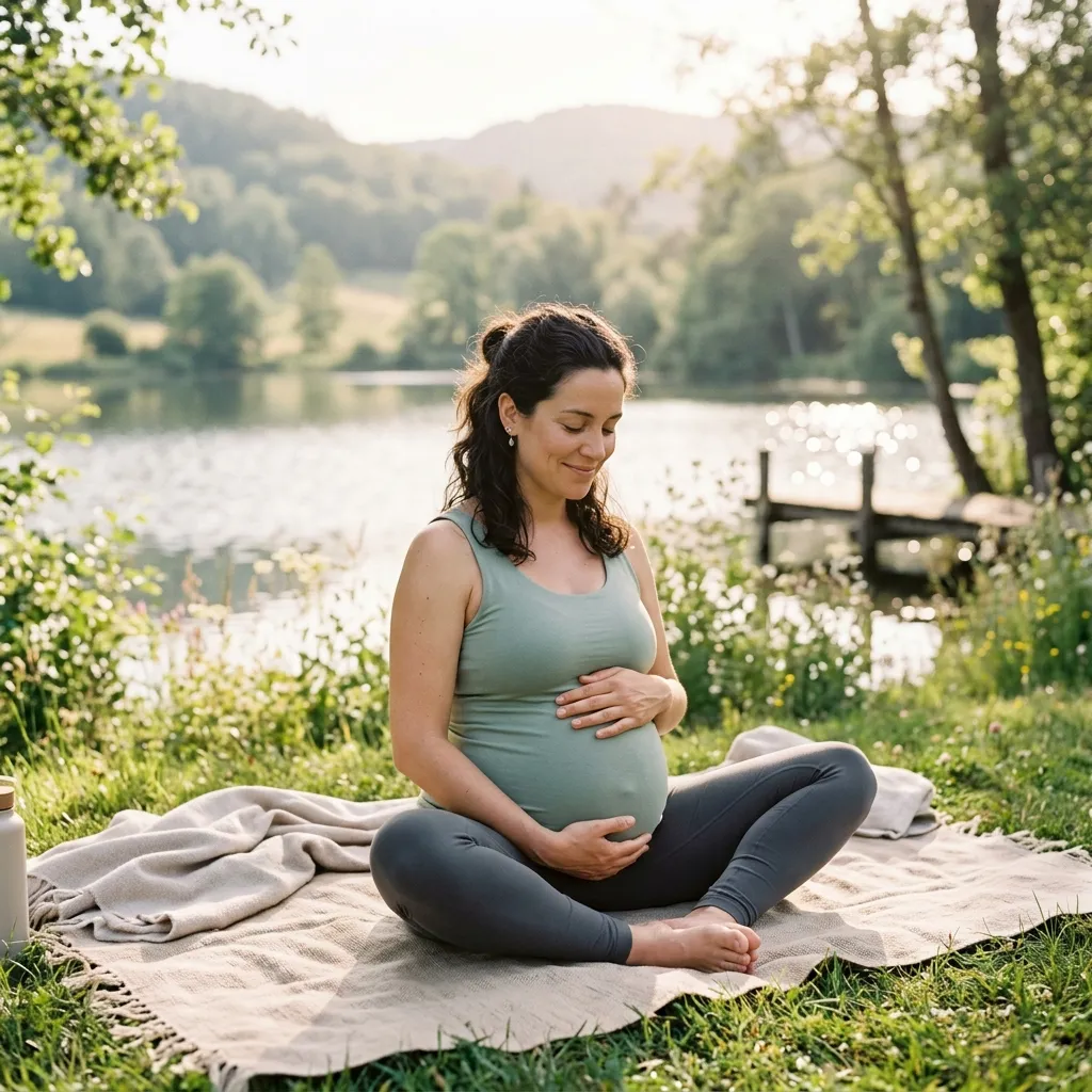 Pregnant woman practicing prenatal yoga in a calm studio environment.