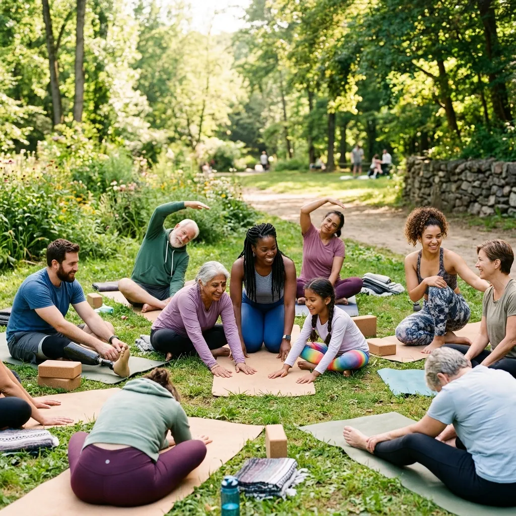 Diverse group of beginners practicing gentle yoga poses in a studio.