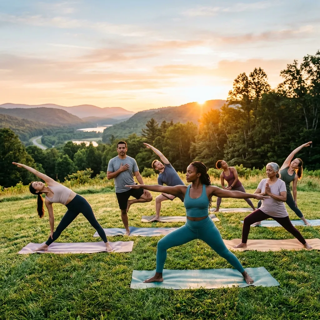 People performing gentle yoga stretches in an outdoor setting.