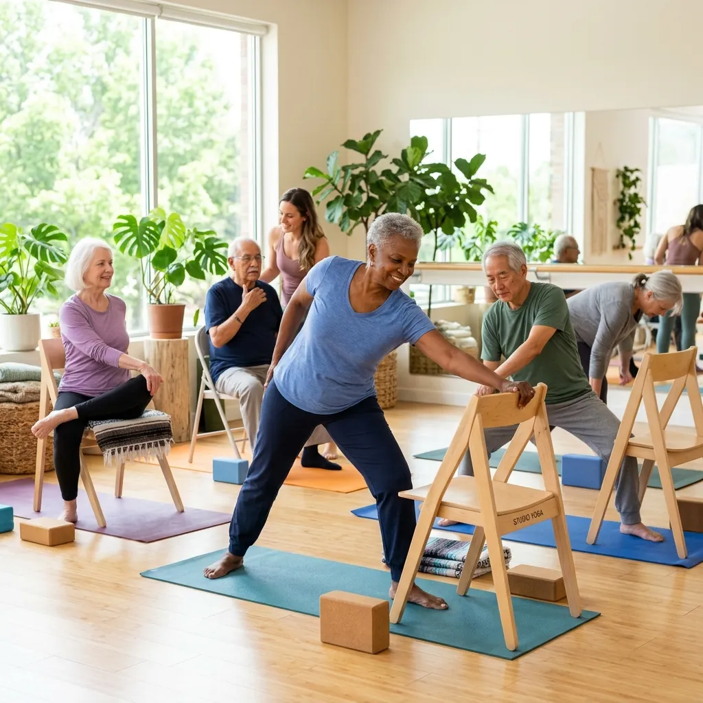 Seniors practicing gentle yoga for improved balance and mobility.