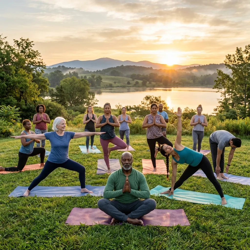 Diverse individuals performing mindful yoga poses during a peaceful outdoor session.