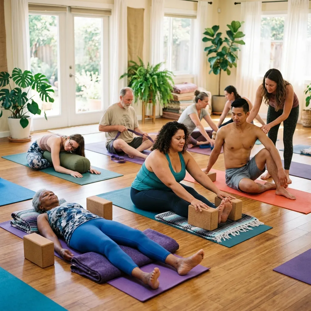 Diverse individuals using yoga props for an accessible practice.