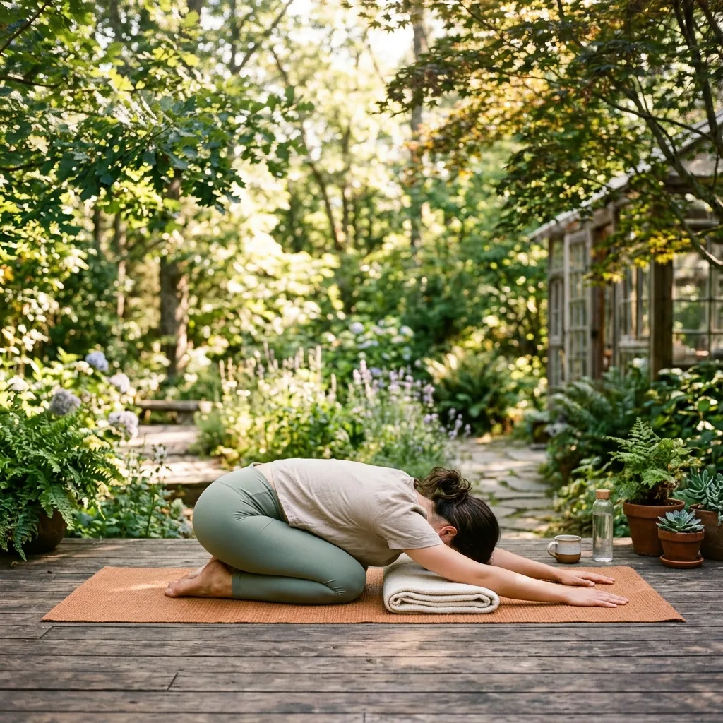 Person practicing calming yoga poses outdoors to reduce stress.